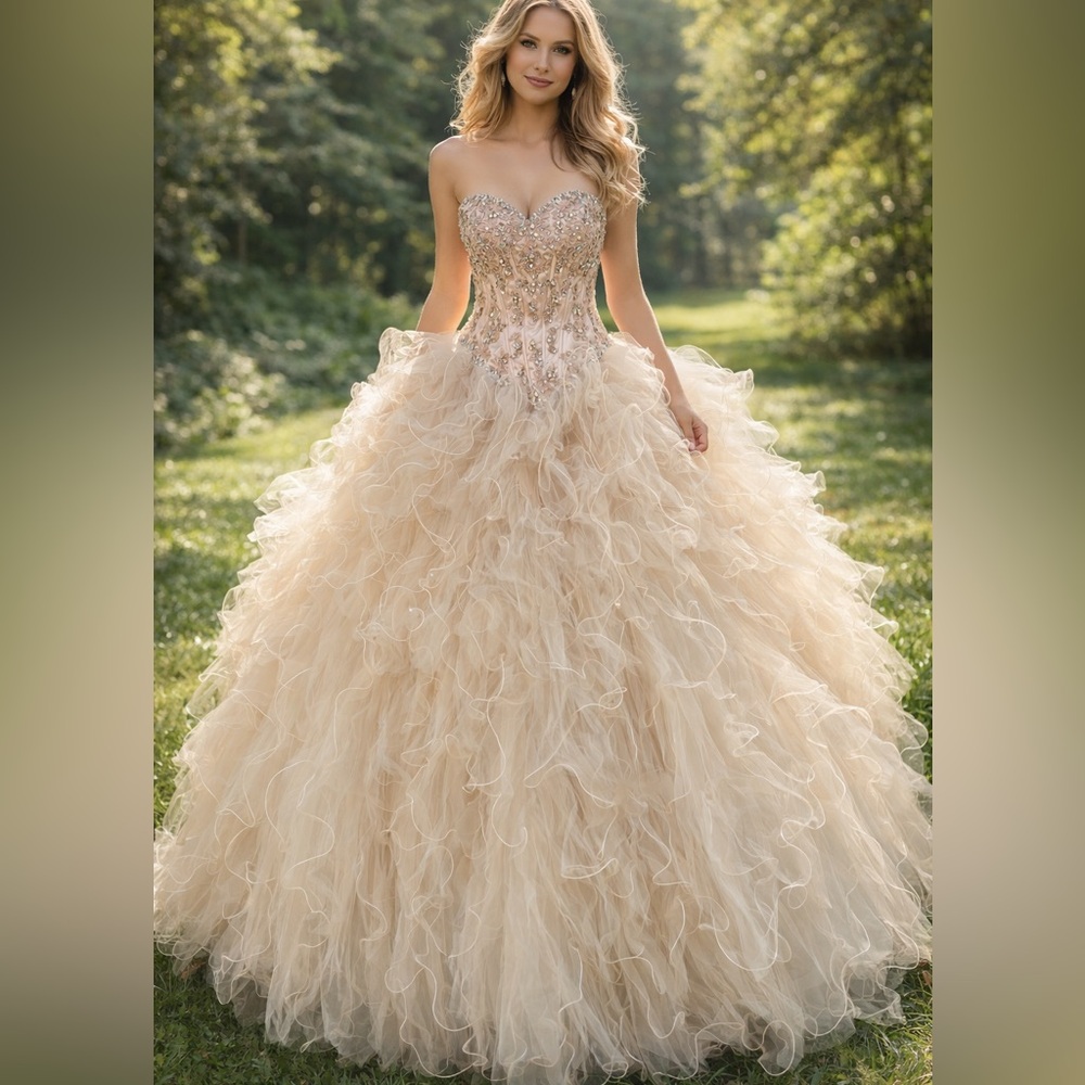 Mori Lee Champagne Blush Embellished  Strapless Ruffle Tulle Ball Gown 12